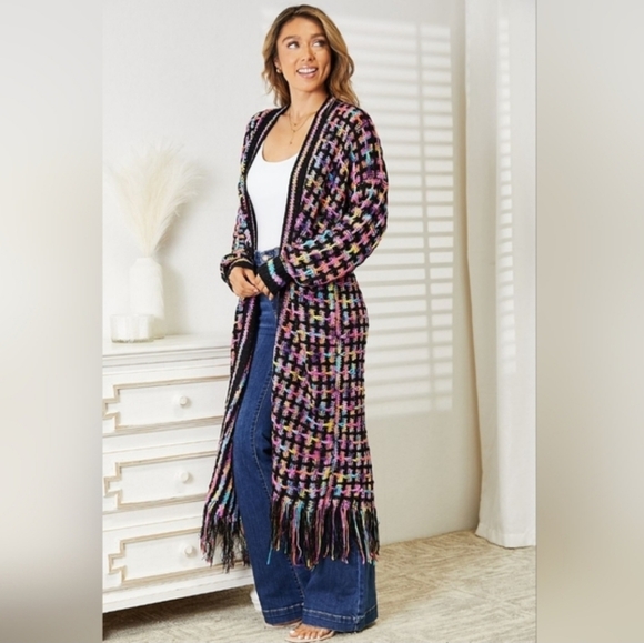 Boho Fringe Long Knit Cardigan Duster Multicolor Cozy Festival Sweater - Picture 9 of 9